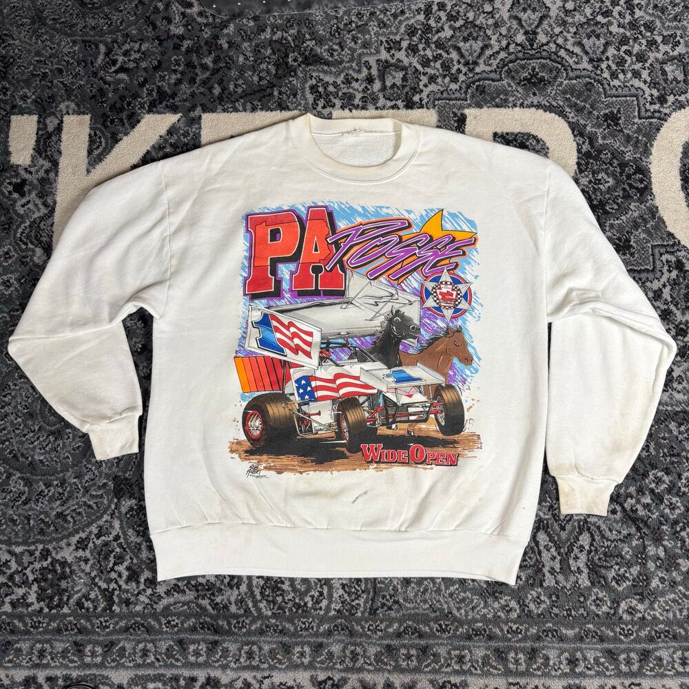 Vintage 90s PA Posse Wide Open Sprint Car Racing Sweatshirt Sweater‎ White Sz XL